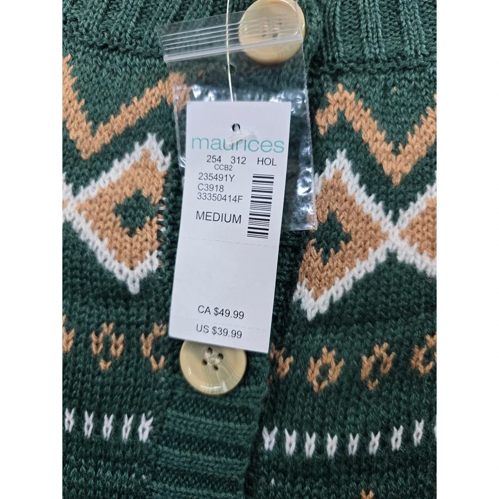 Maurices Fair Isle‎ Cardigan Sweater Womens Medium Green Geometric Knit NEW